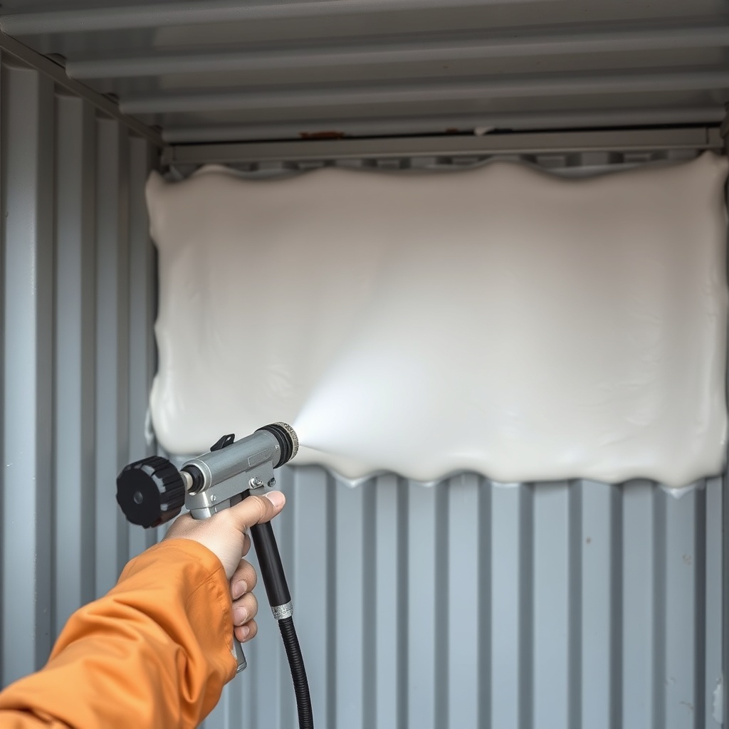 Close-up of a worker applying spray polyurethane foam onto the interior steel wall of a co