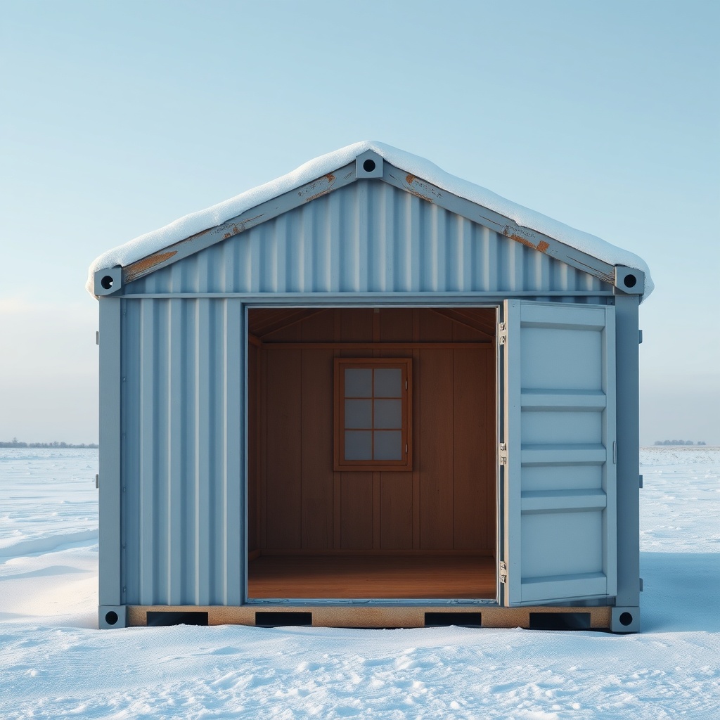 Photorealistic image of a container workshop in a snowy landscape