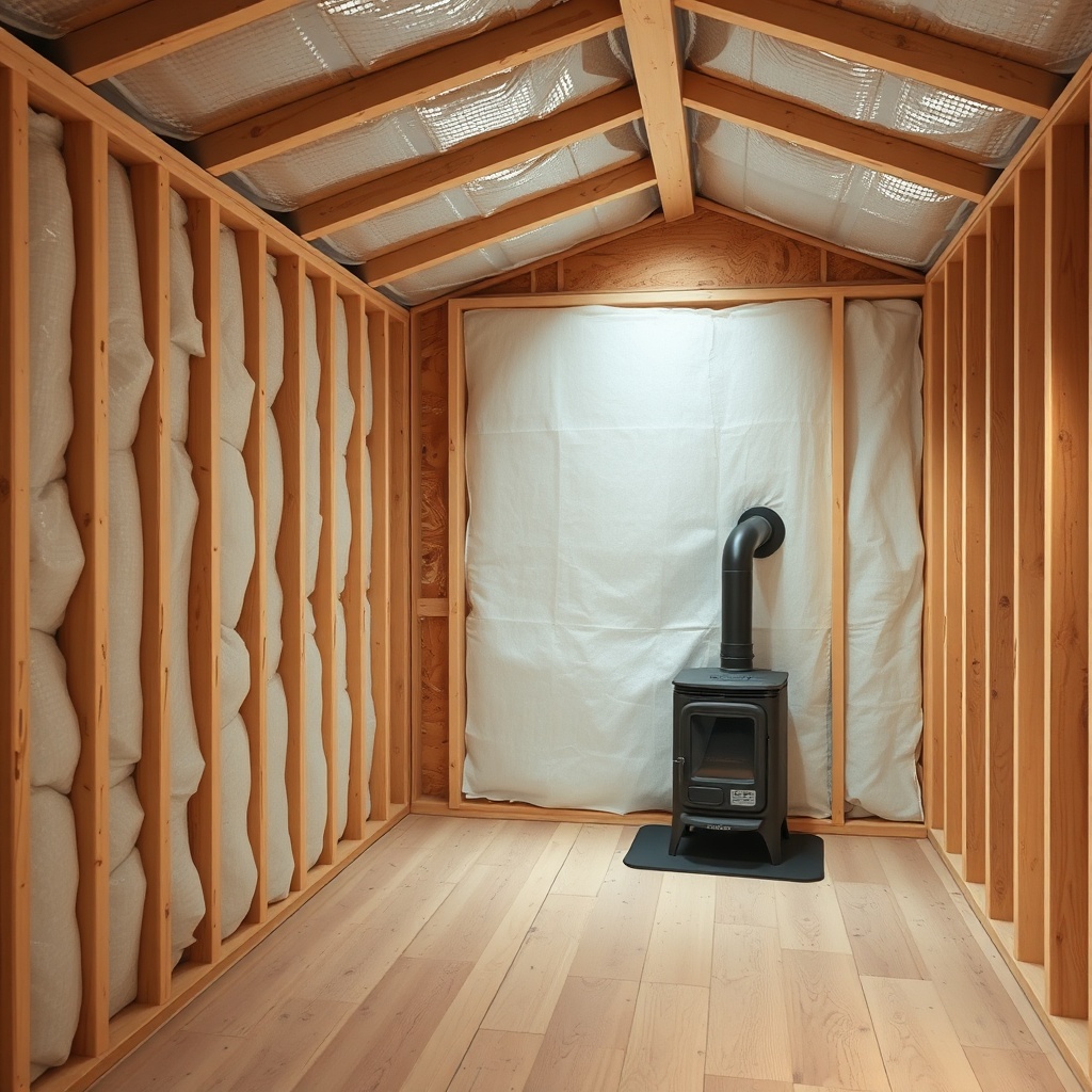 A photorealistic photo of a tiny house workshop interior with exposed insulation layers on