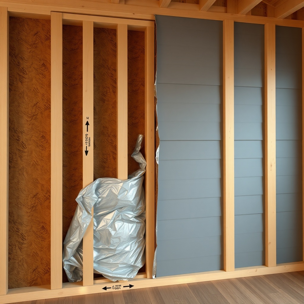 A photorealistic close-up of a tiny house wall section with cutaway view showing insulatio