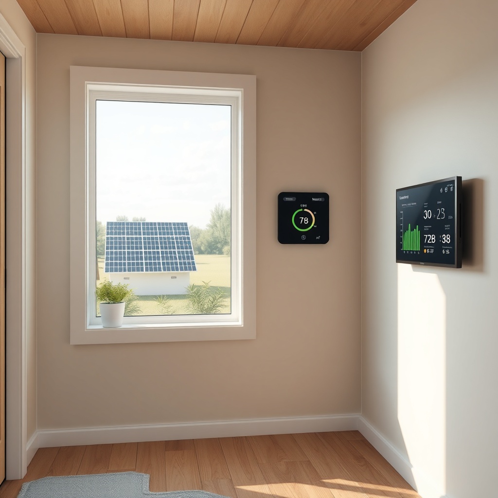<clean photorealistic photo/illustration of a modern tiny house interior with energy monit