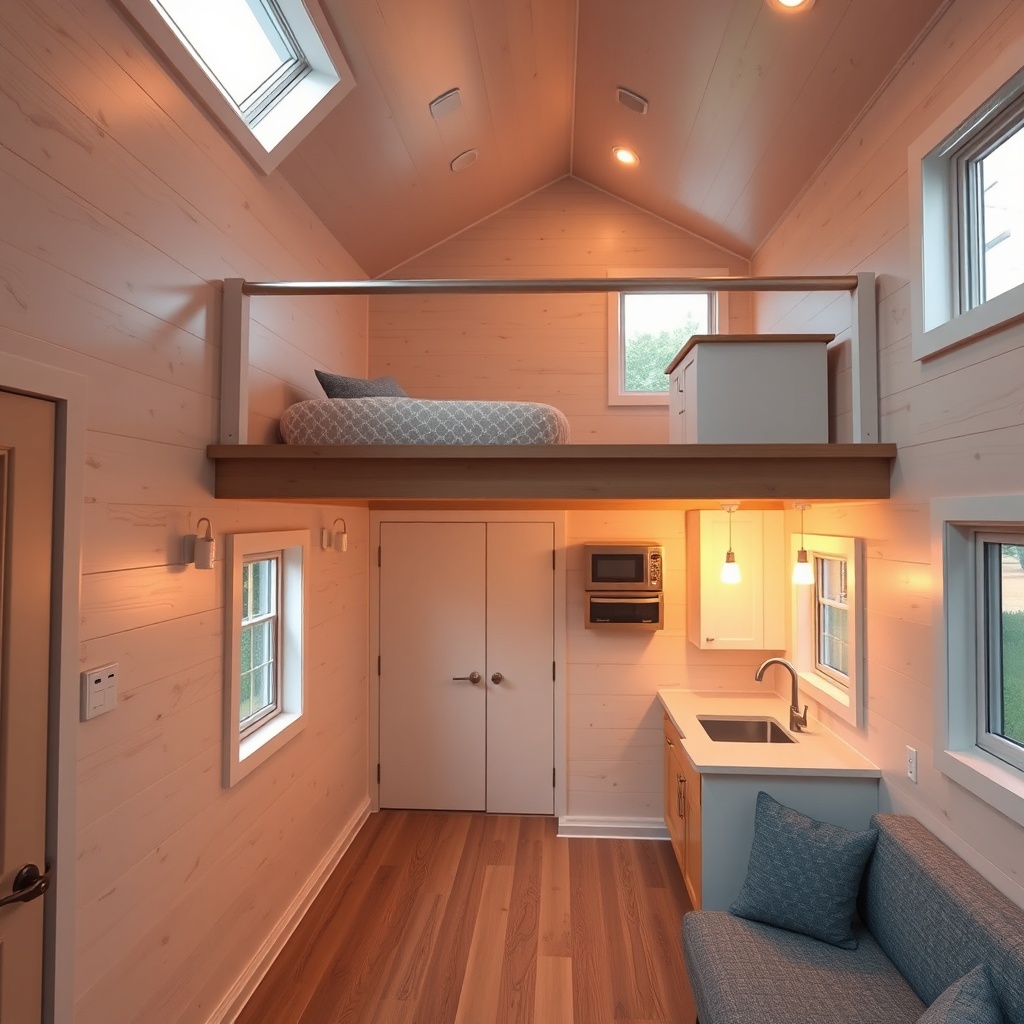 <clean photorealistic photo/illustration of a two-story tiny house interior with warm LED