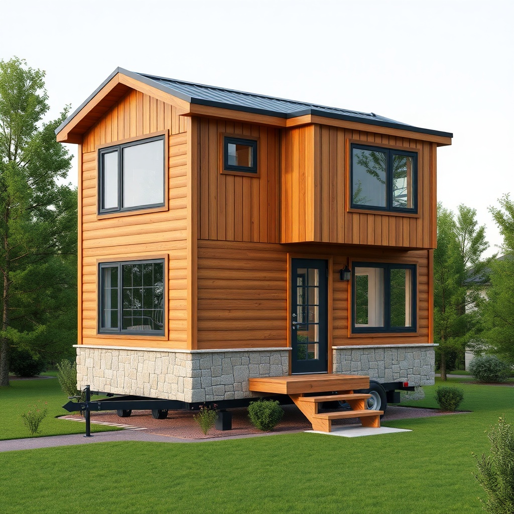 Clean photorealistic photo of a MiniEv two-story tiny house with wooden cladding