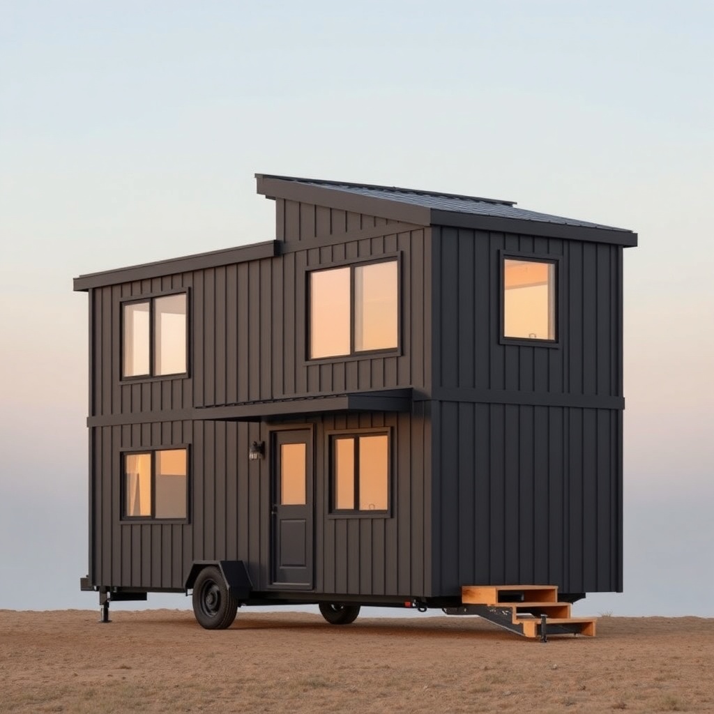 Clean photorealistic photo of a MiniEv two-story tiny house with dark gray metal panel cla