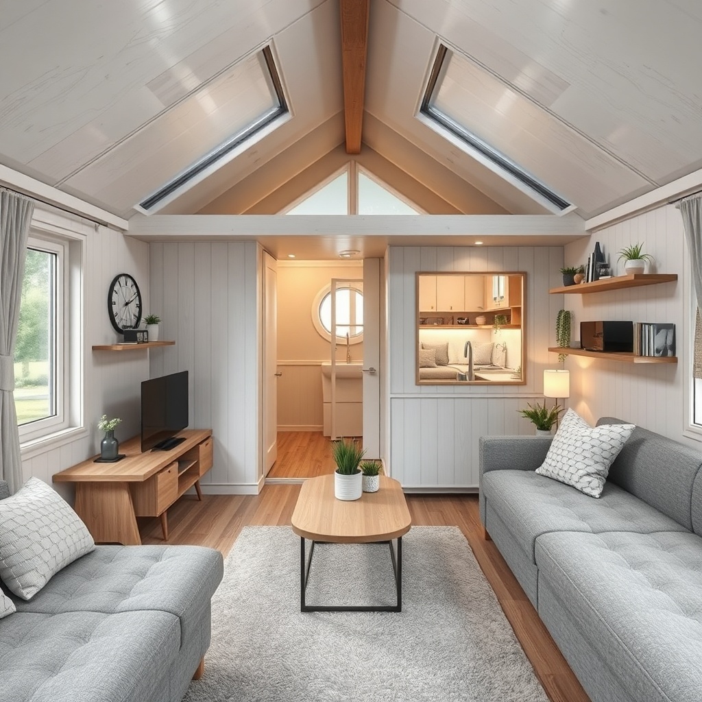Bir tiny house’un iki katlı iç mekanı