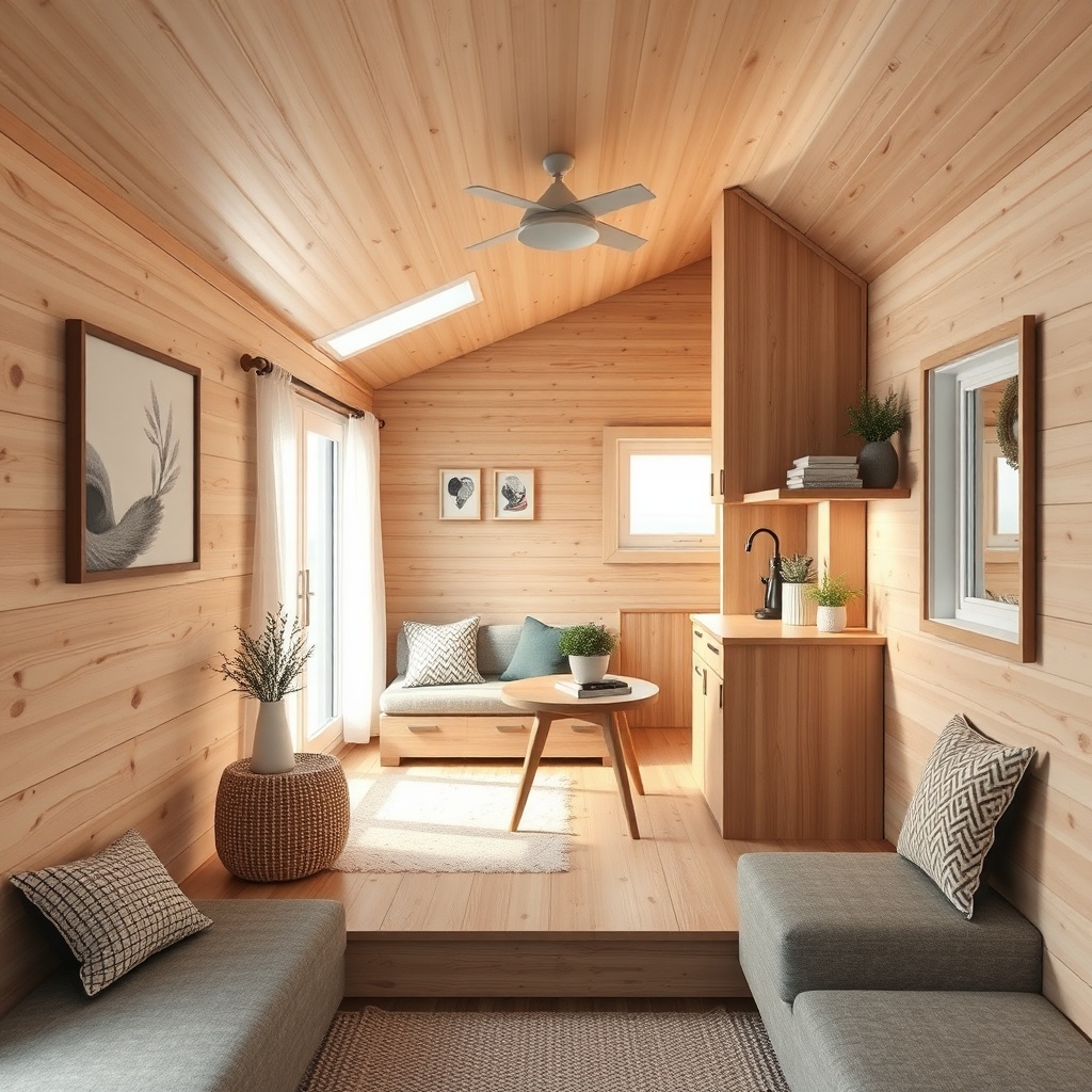 Bir tiny house’un üst katındaki yatak odası