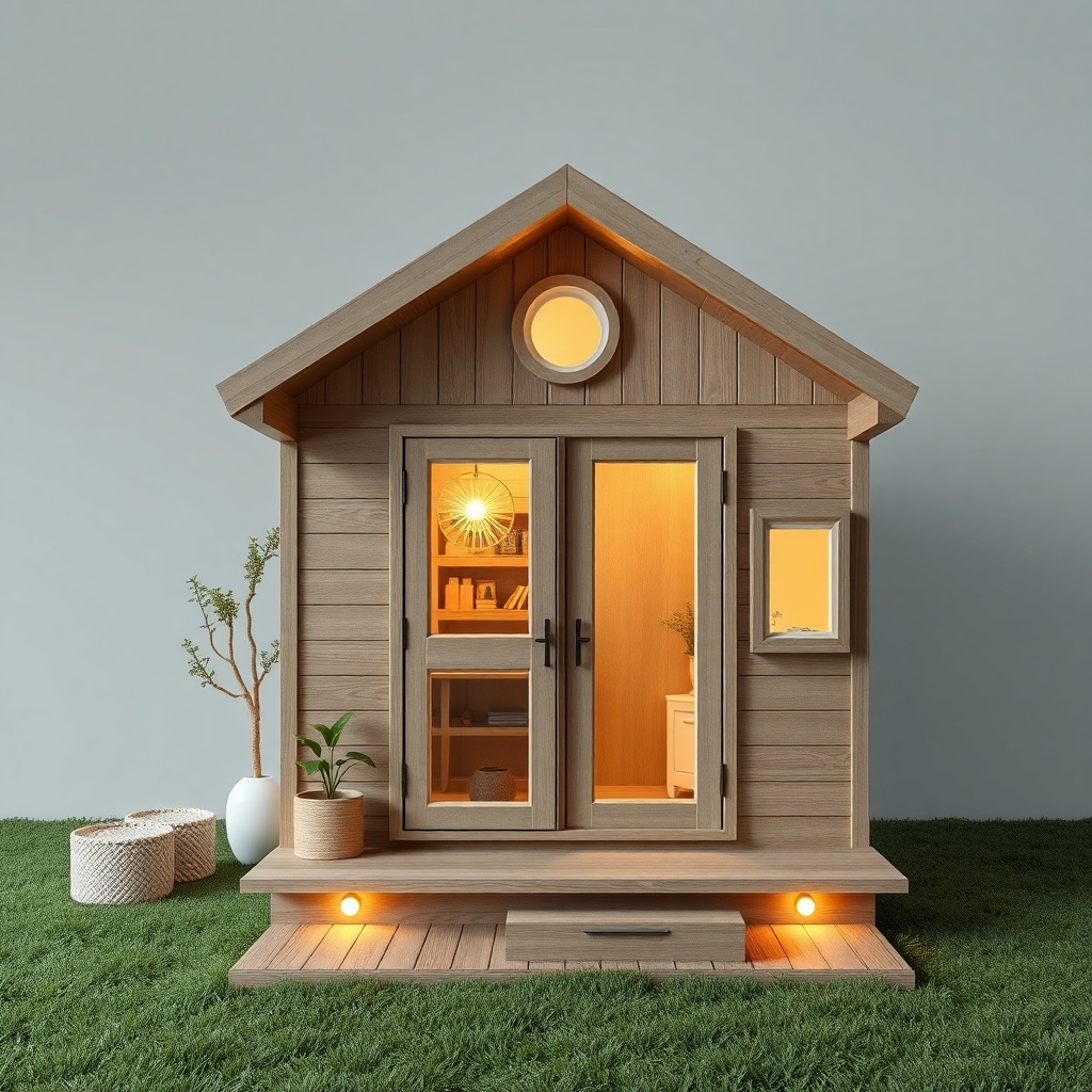 MiniEv iki katlı tiny house çatısında güneş panelleri ve yanında küçük bir rüzgar türbini