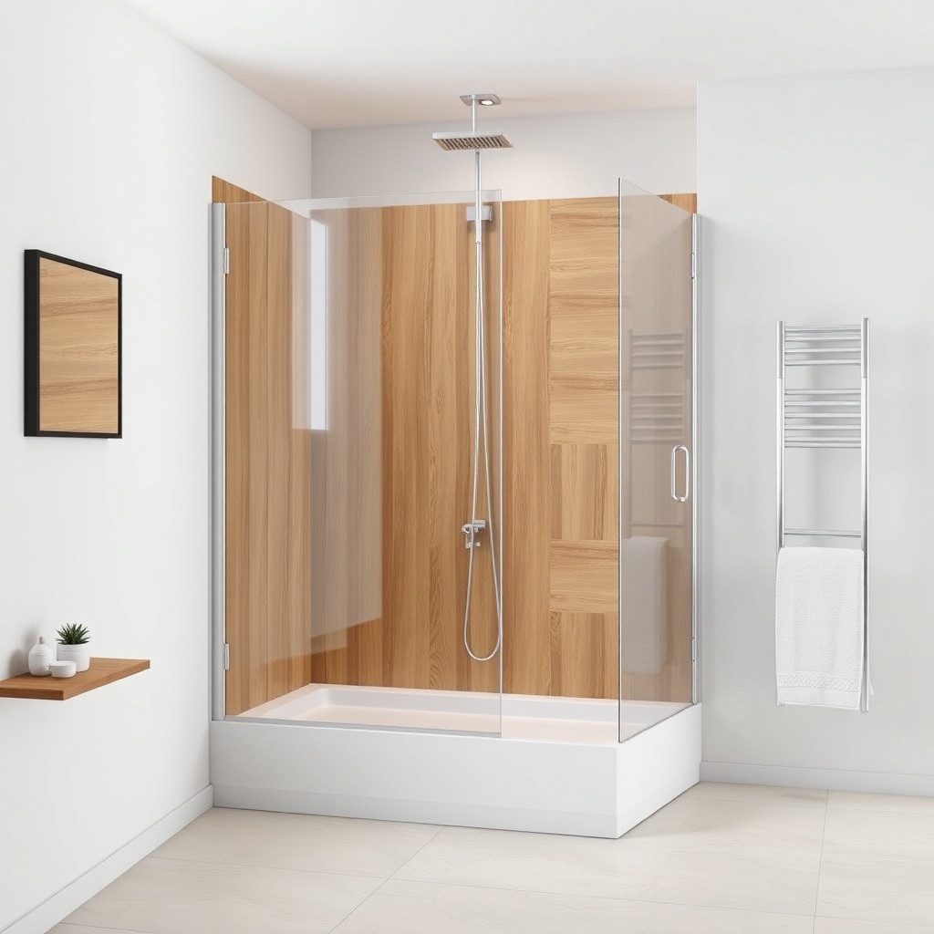 <clean photorealistic photo of a modern MiniEv modular bathroom unit with glass shower and