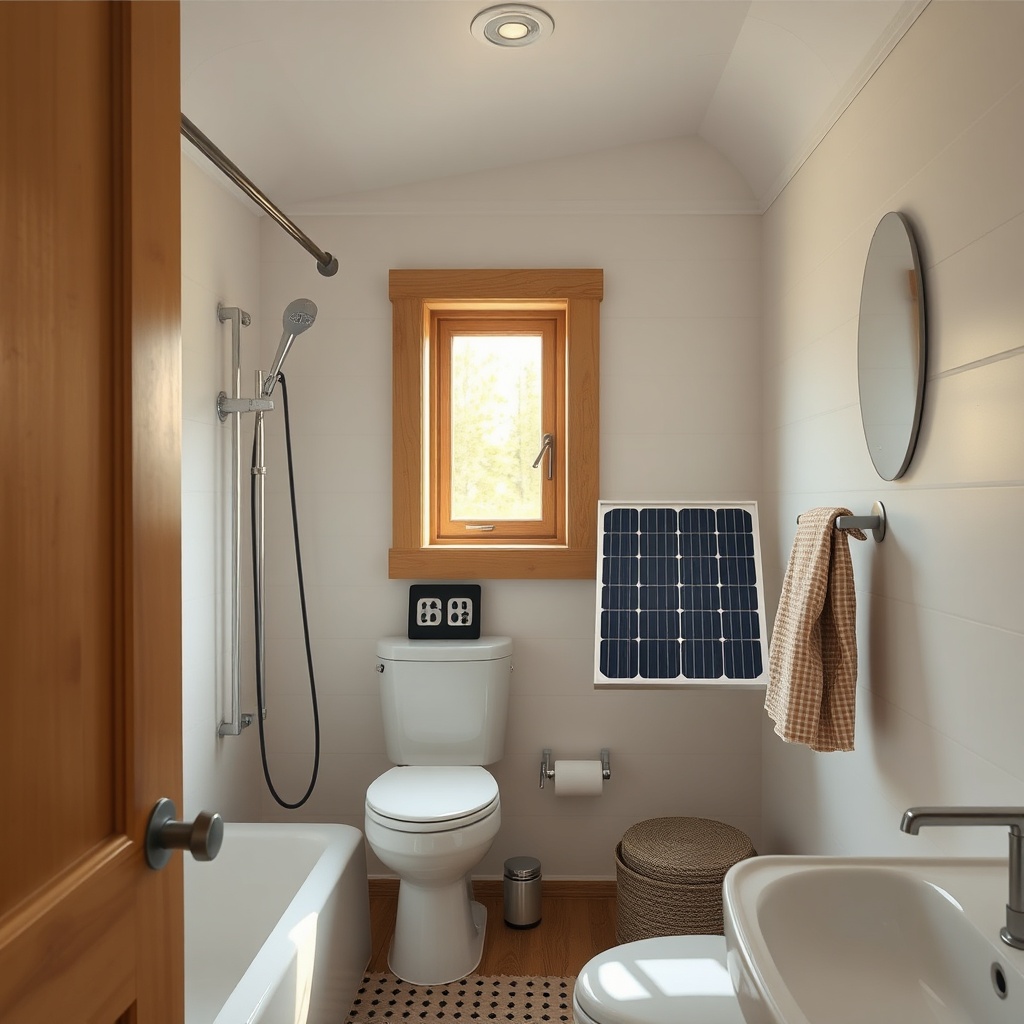 <clean photorealistic photo of a tiny house bathroom with solar panel system visible throu