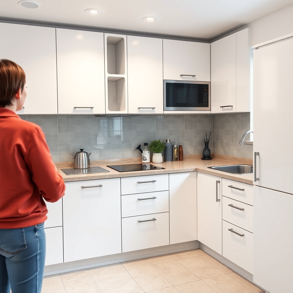<clean photorealistic photo/illustration of a second-hand MiniEv modular kitchen with visi
