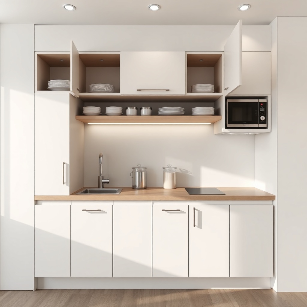<clean photorealistic photo/illustration of a MiniEv modular kitchen with storage compartm