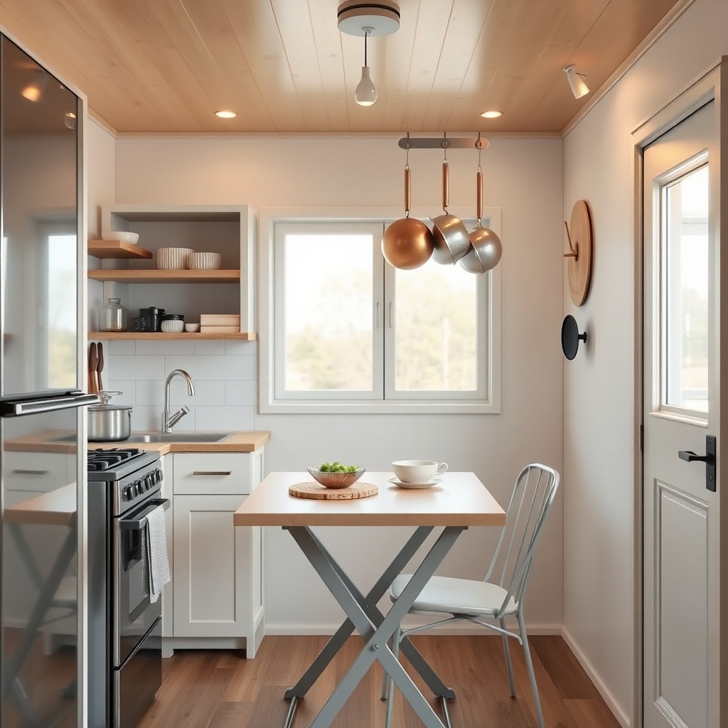 <clean photorealistic photo showing a compact modular kitchen setup inside a tiny house