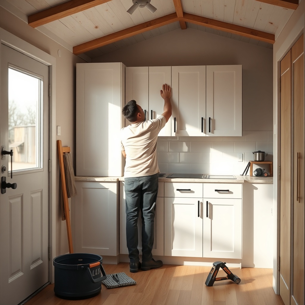 <clean photorealistic photo of a person installing modular kitchen panels in a tiny house