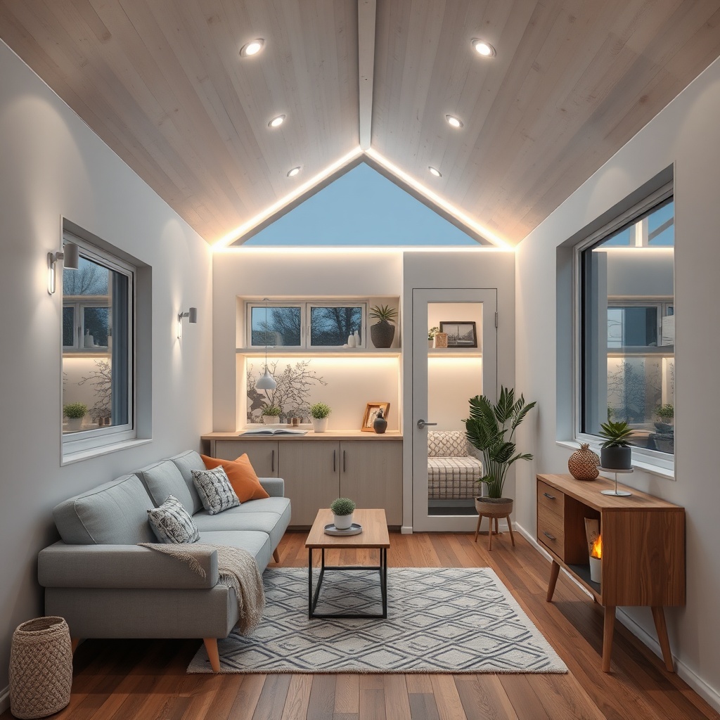 Modern bir tiny house mutfağında tezgah altı ve tezgah üstü akıllı LED şerit aydınlatma