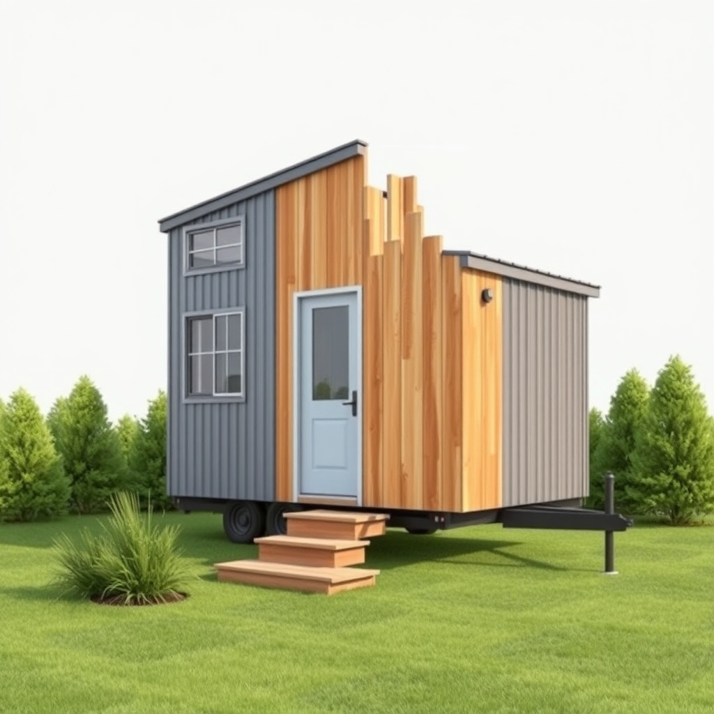 Photorealistic illustration of a tiny house with mixed cladding materials