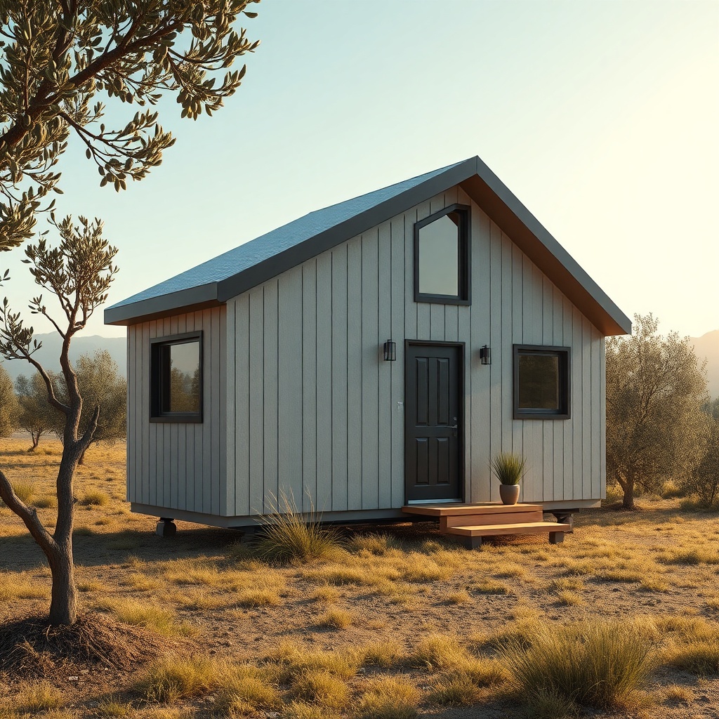 <A photorealistic illustration showing a MiniEv Tek Katlı Tiny House exterior with fiber c