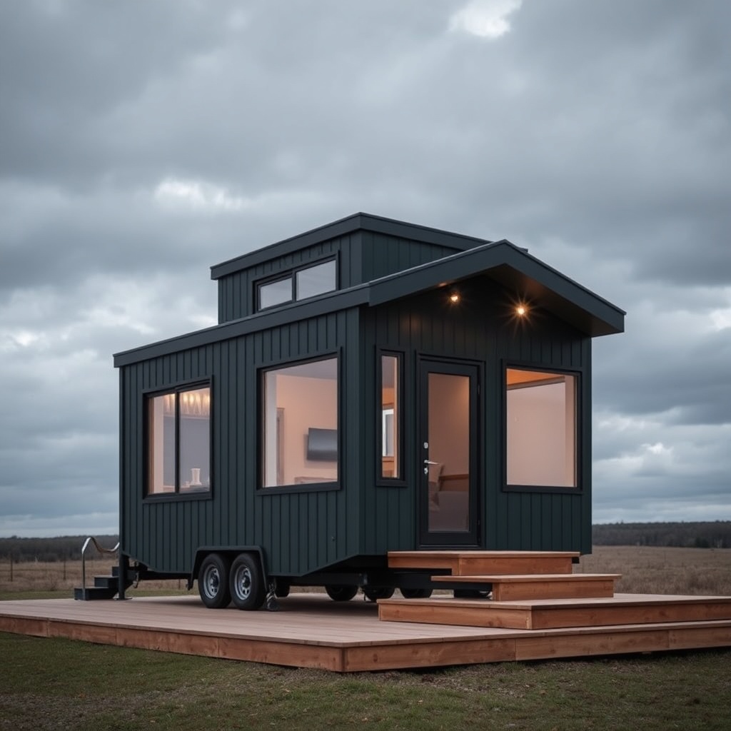 <A photorealistic photo of a MiniEv Tek Katlı Tiny House with dark green fiber cement clad