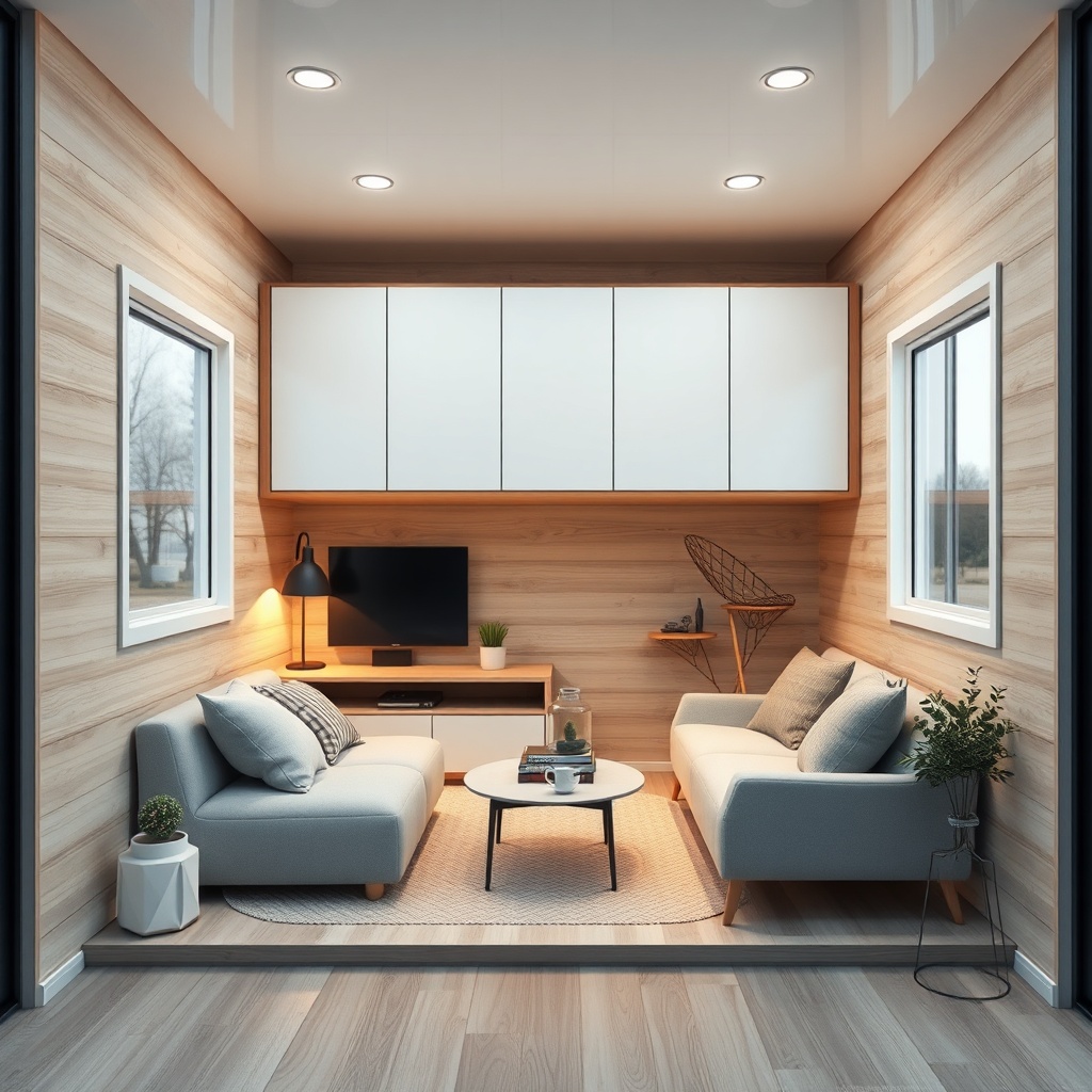 MiniEv tek katlı tiny house iç mekanda güneşlikli pencereler ve modern mini-split klima