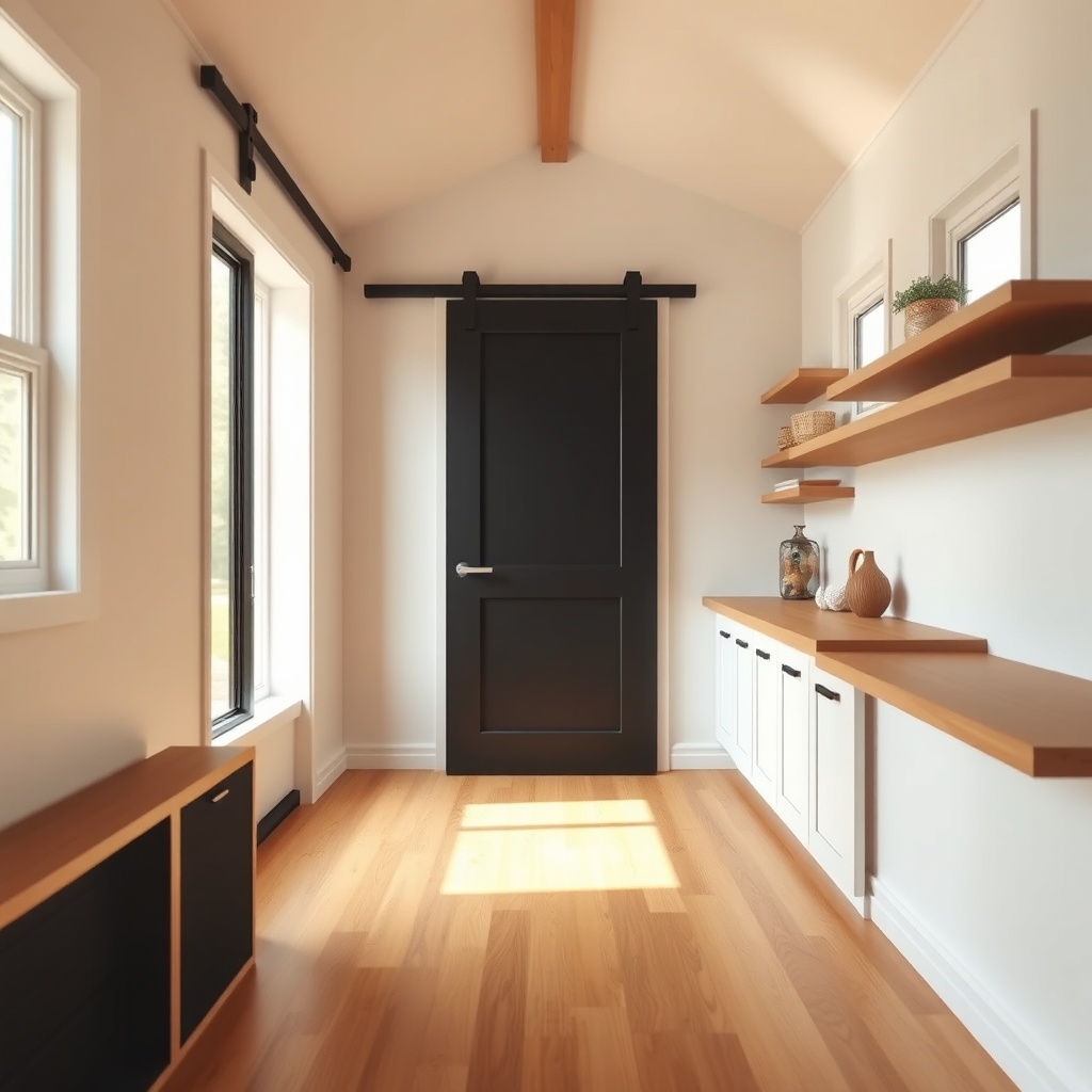 Photorealistic interior of a tiny house with a matte black sliding door