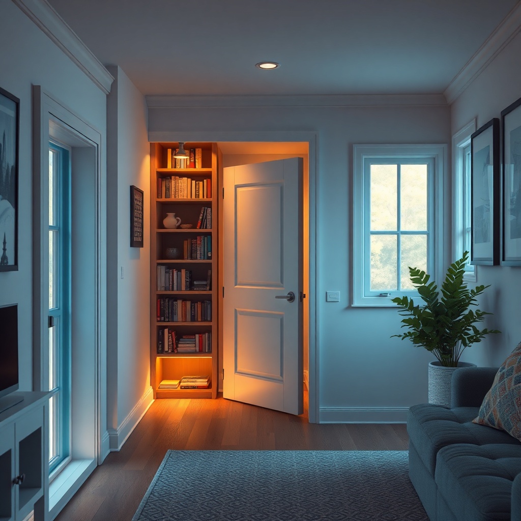 Photorealistic interior shot of a tiny house with a hidden door that blends into a bookcas