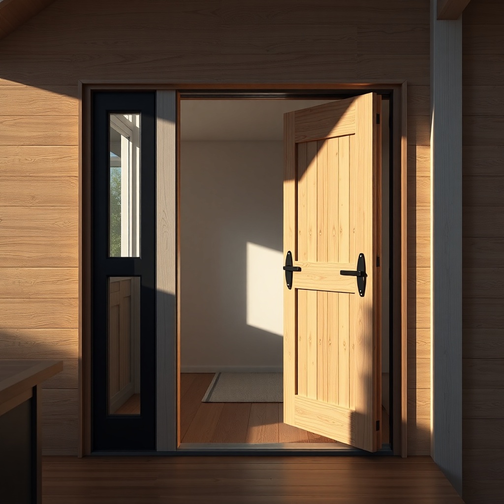 photorealistic close-up of a MiniEv Tek Katlı tiny house entrance with a sliding wooden do