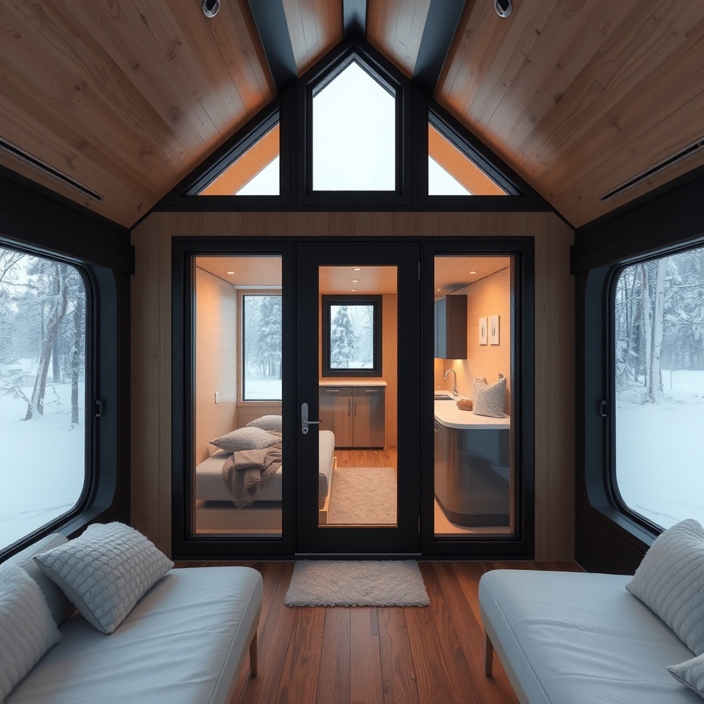 photorealistic photo of a MiniEv Tek Katlı tiny house with a triple-pane glass door