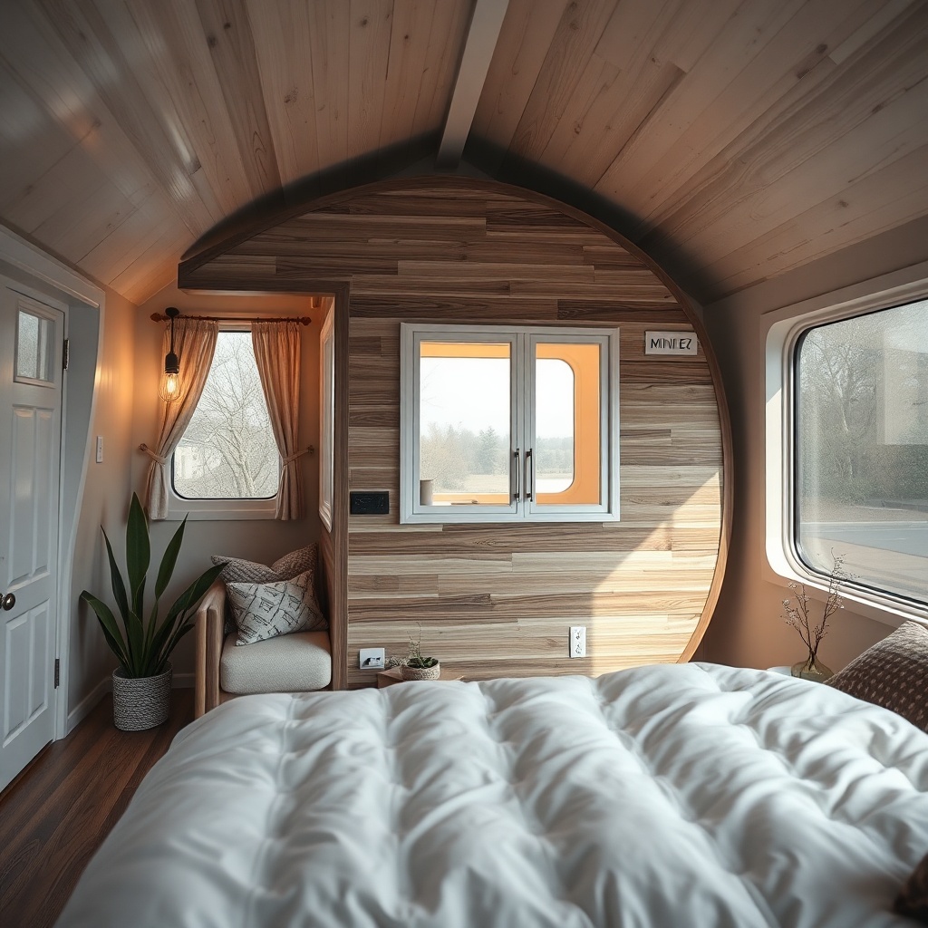 MiniEv tiny house dış cephesinde güneş paneli ve 40L su ısıtıcısı; yeşil bir bahçede