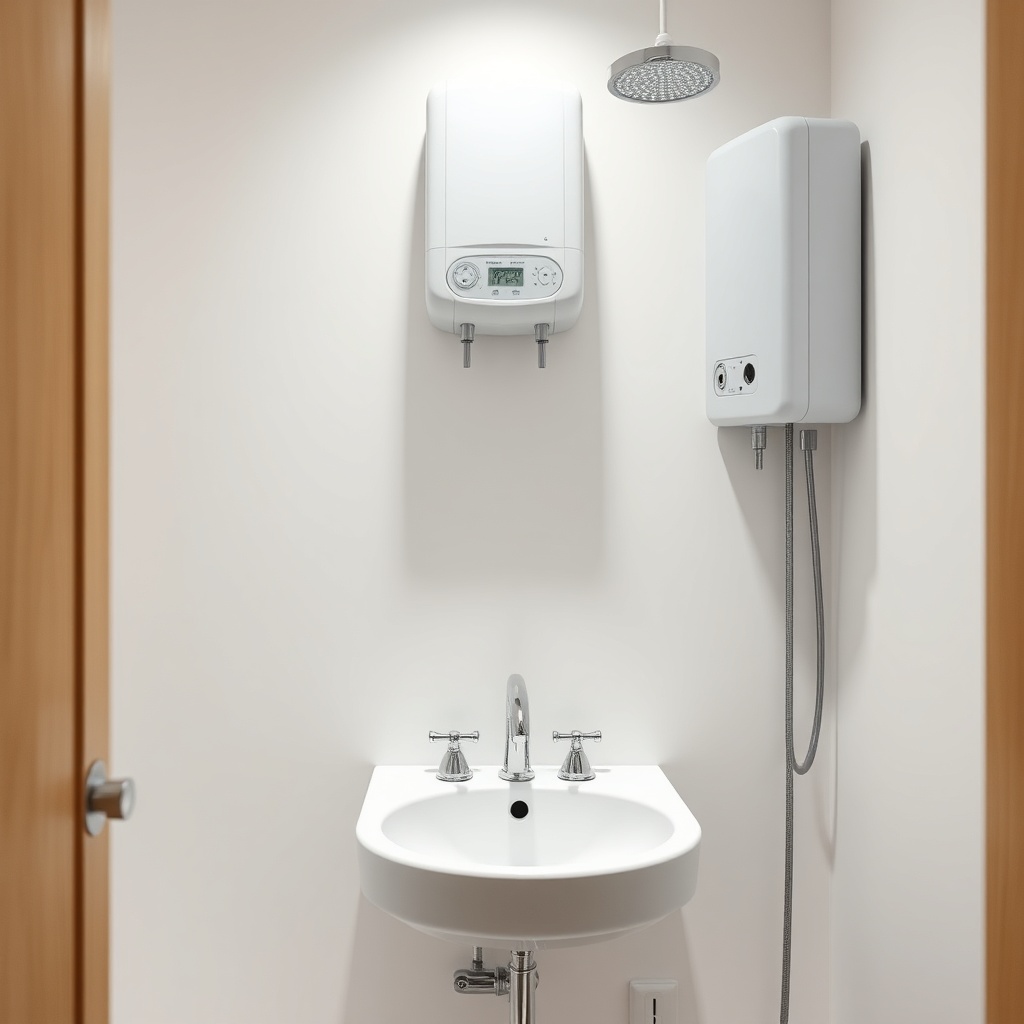 clean photorealistic photo of a minimalist bathroom sink and shower area in a tiny house