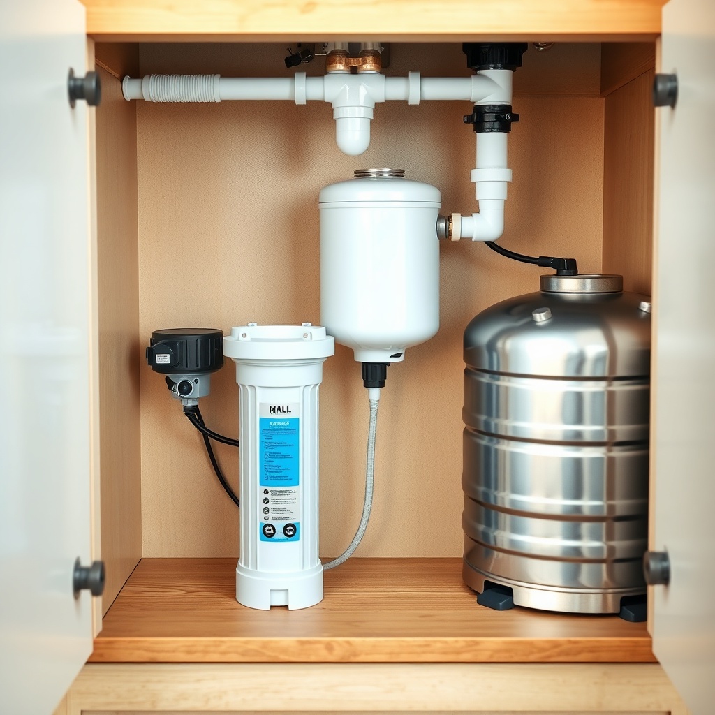 clean photorealistic photo of a water pump and filter setup under a tiny house sink