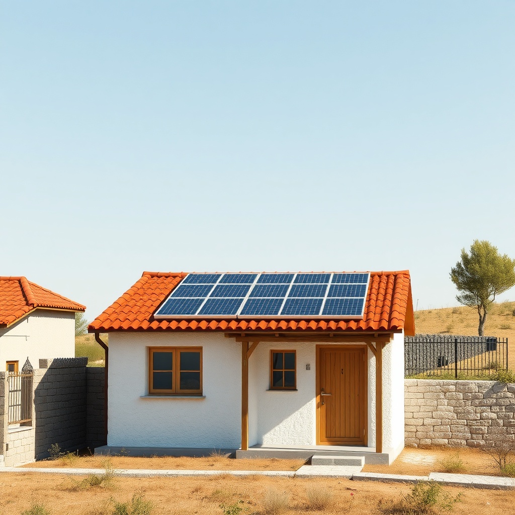 Photorealistic photo of a small rowhouse with solar panels on the roof