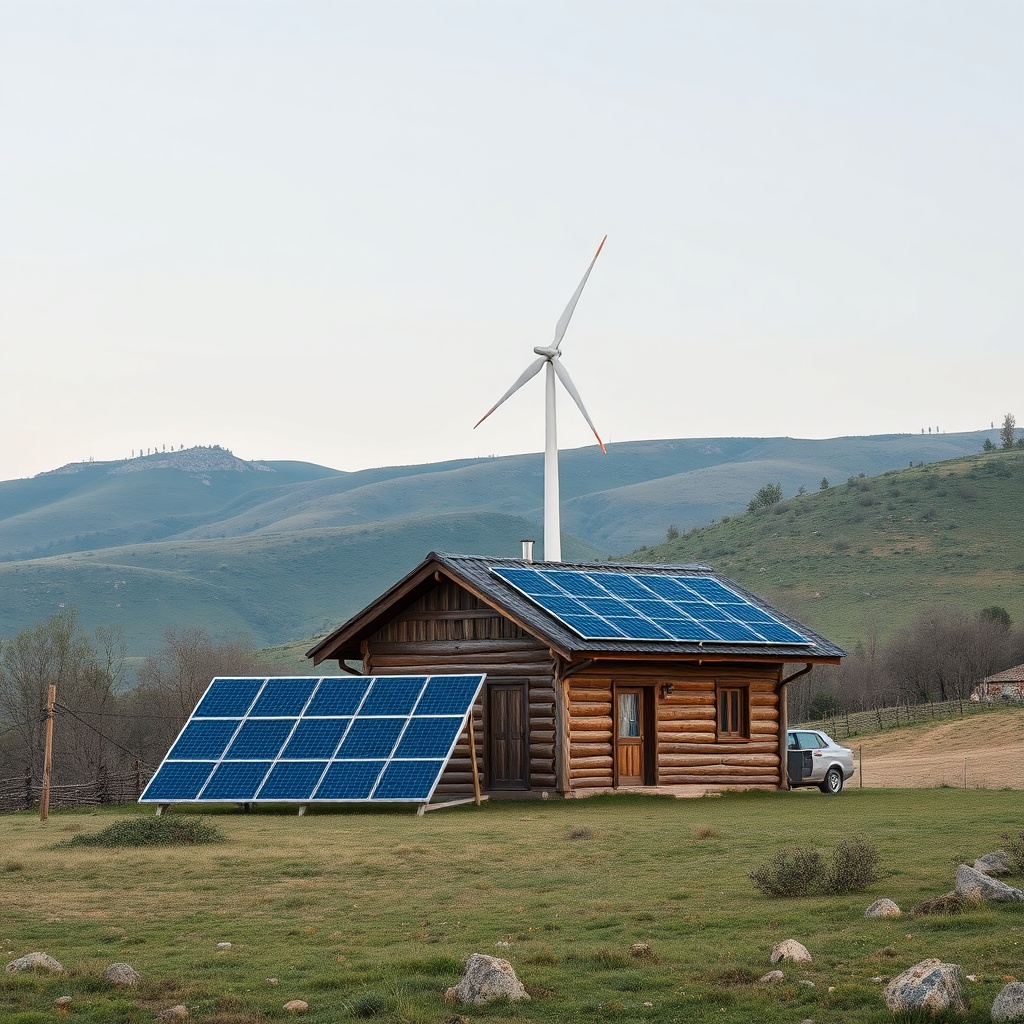 Photorealistic photo of a small house with a wind turbine and solar panels in a rural Turk