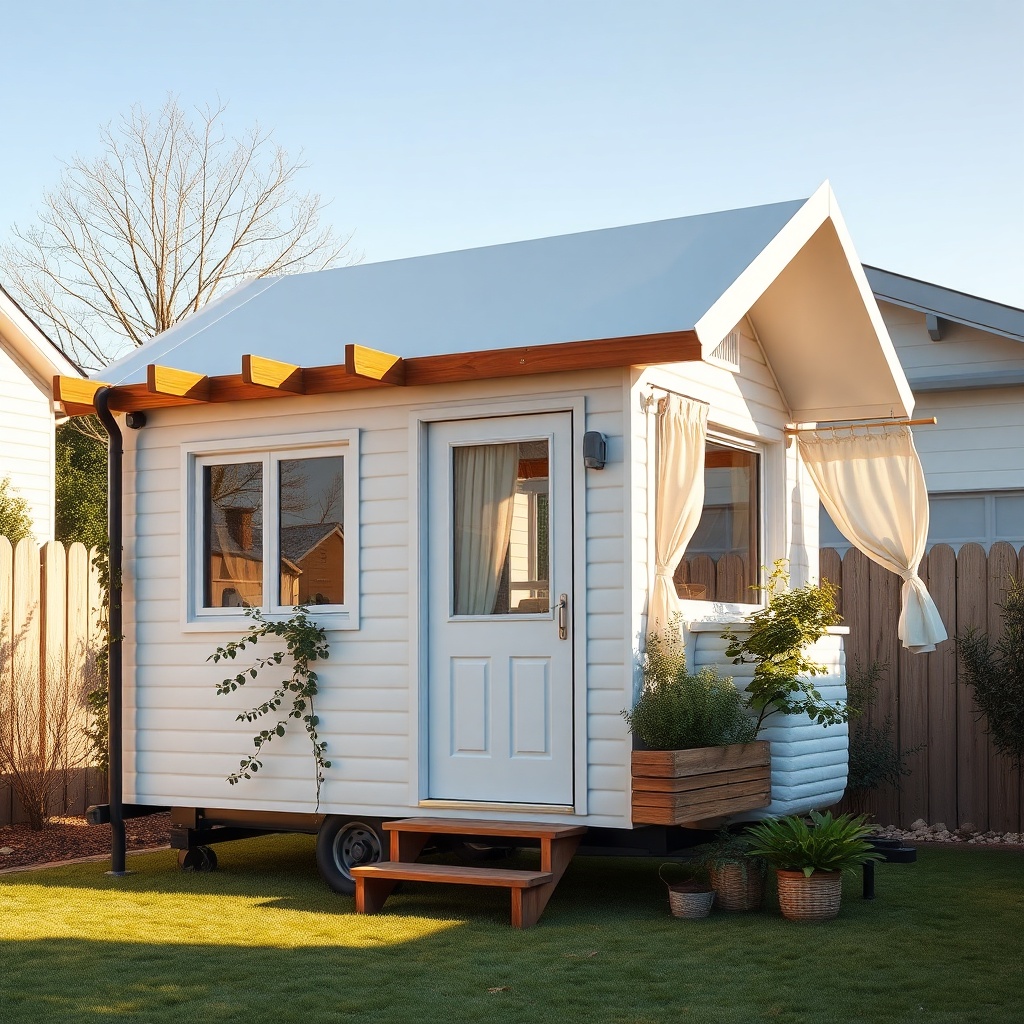 A photorealistic exterior shot of a MiniEv Tek Katlı Tiny House placed in a sunlit backyar
