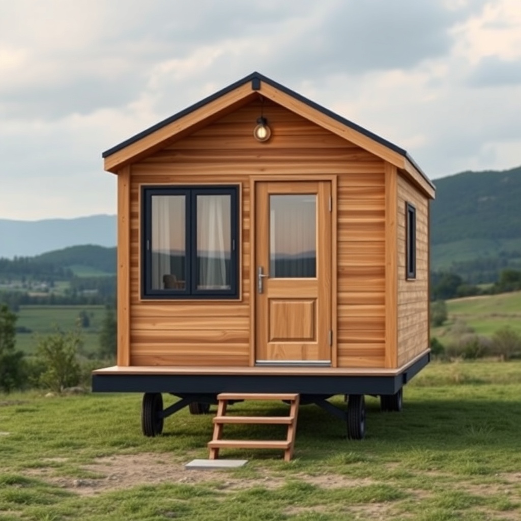 <photorealistic photo of MiniEv Tiny House İki Katlı Modeli exterior