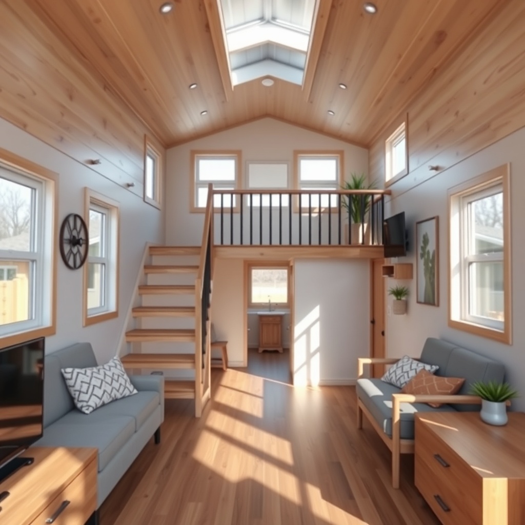 <photorealistic interior photo of MiniEv two-story tiny house