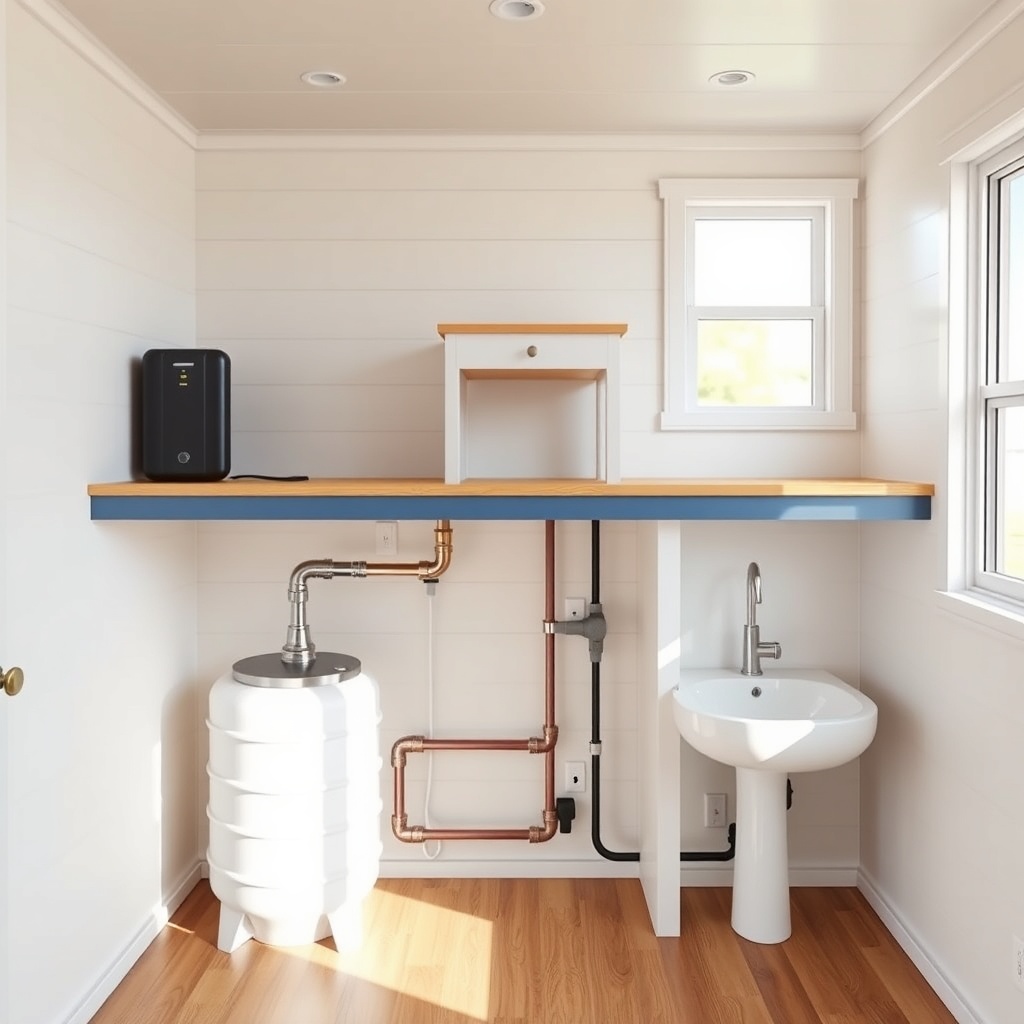 <A photorealistic image of a MiniEv two-story tiny house showing the water system layout