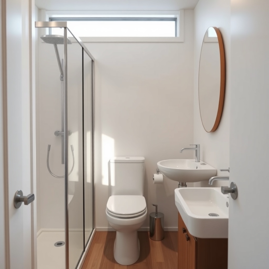 A clean photorealistic photo of a compact modüler banyo interior with a shower