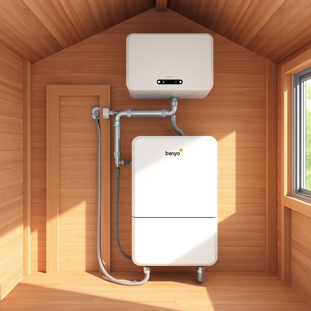 A clean photorealistic illustration of a modüler banyo unit being installed in a tiny hous