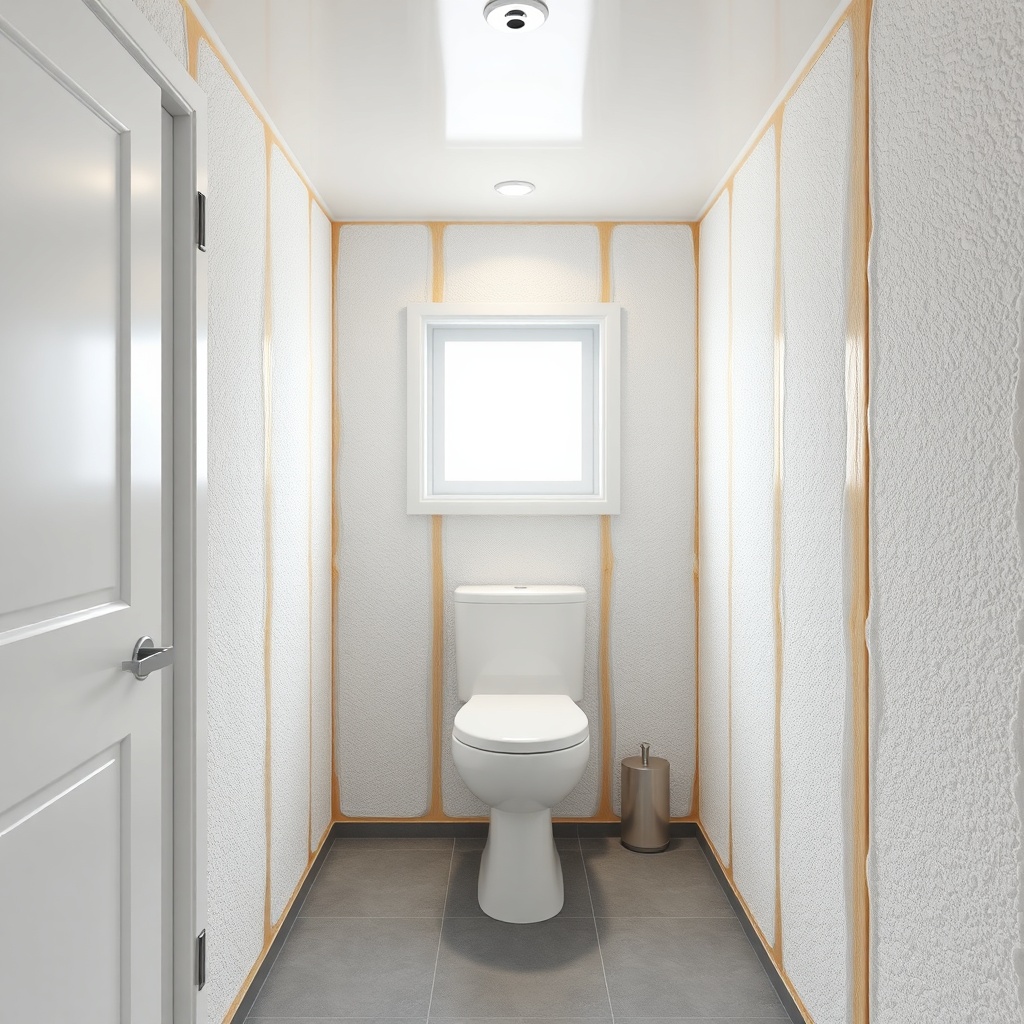 <clean photorealistic photo of a small modular bathroom with insulation panels partially i