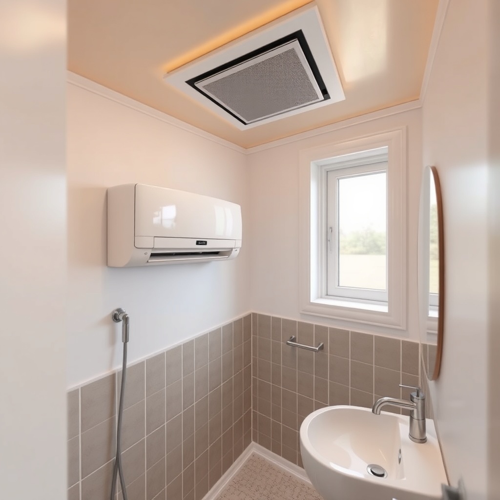 <clean photorealistic photo of a tiny house bathroom with a wall-mounted mini split air co