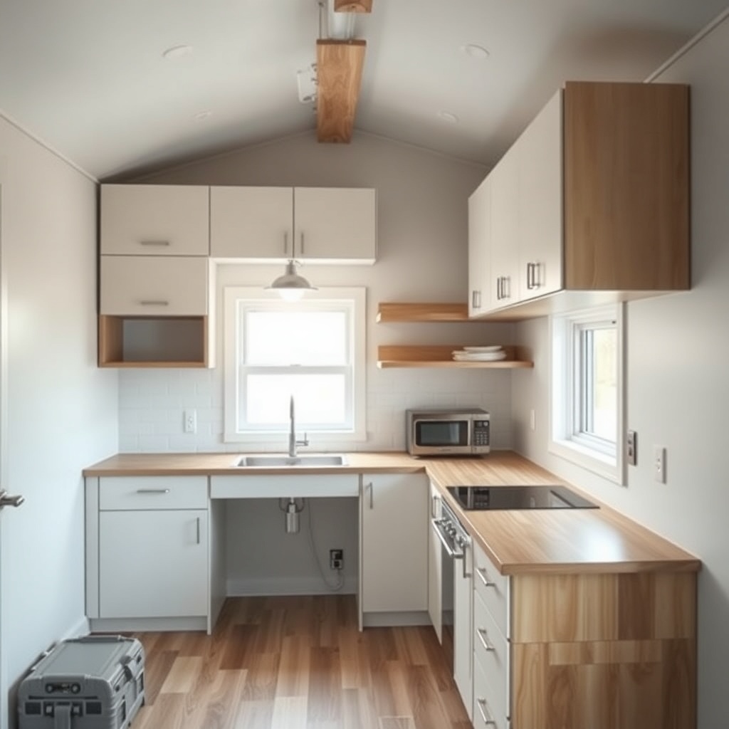 A photorealistic photo of a tiny house kitchen being installed