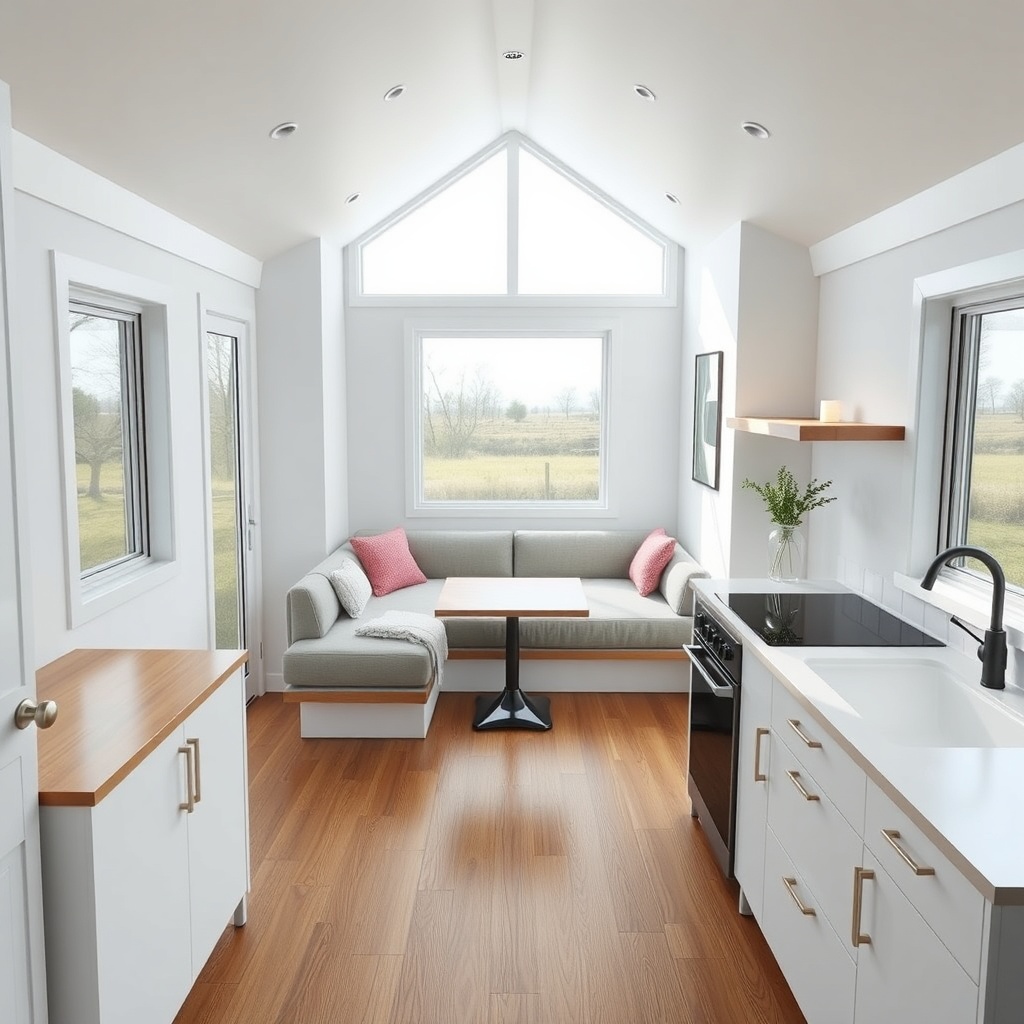 A clean minimalist tiny house interior with a single-story layout